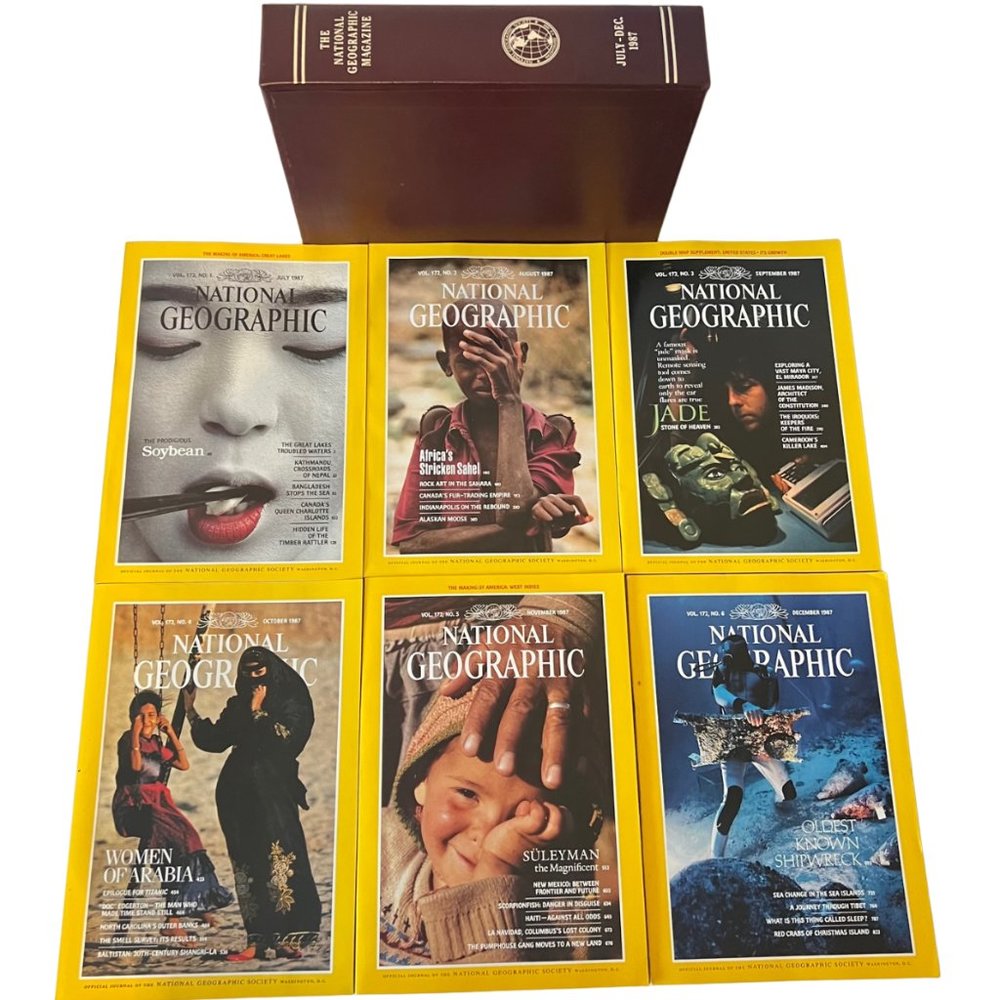 1987 (July-Dec) NATIONAL GEOGRAPHIC 6 Magazines With Faux Leather Slip Cover